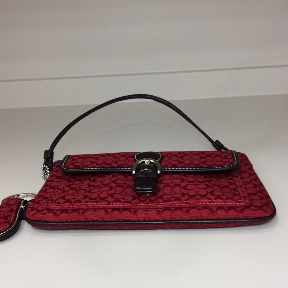 ✨ Coach Vintage Y2K Wristlet Red Brown Leather Trim Pouch Authentic Key Fob Set